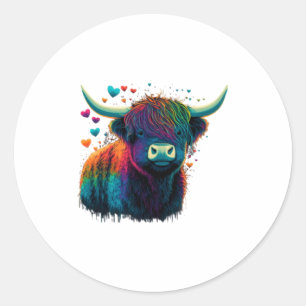 Colorful Highland Cow Valentines Day Farm Cow  Classic Round Sticker