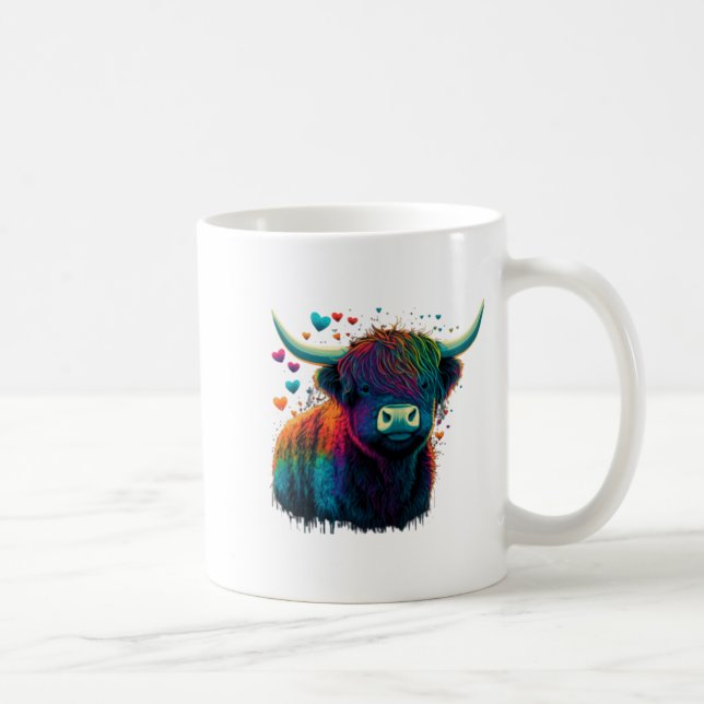 Colorful Highland Cow Valentines Day Farm Cow  Coffee Mug (Right)