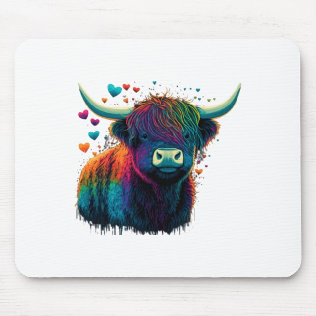 Colorful Highland Cow Valentines Day Farm Cow  Mouse Mat (Front)