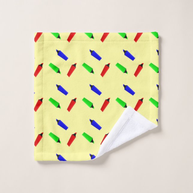 Colorful highlighters on yellow wash cloth (Wash Cloth)