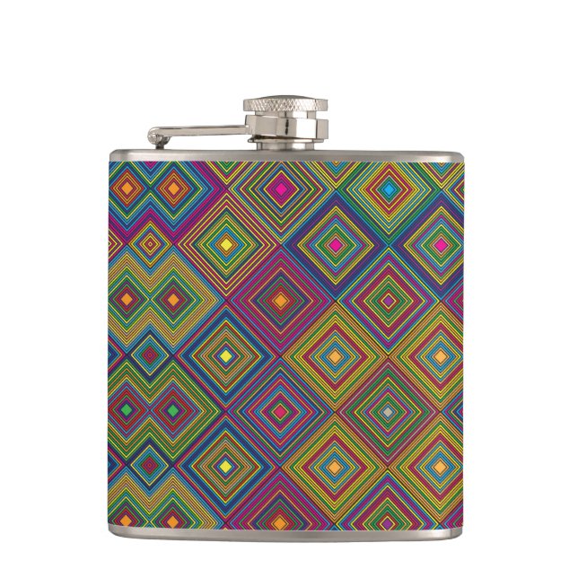 Colorful hip flask with a geometric diamond patter (Front)