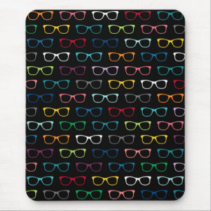 Colorful HIpster Glasses Pattern Black Mouse Mat
