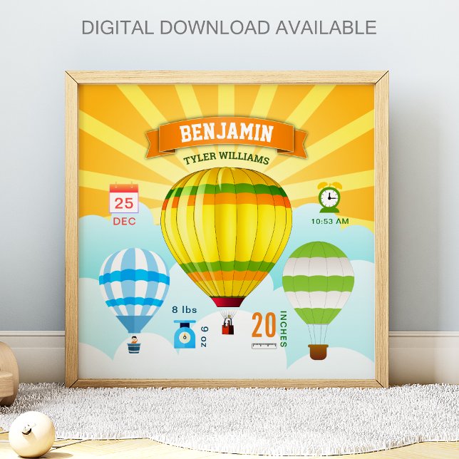 Colorful Hot Air Balloons Baby Birth Stats Poster (Creator Uploaded)