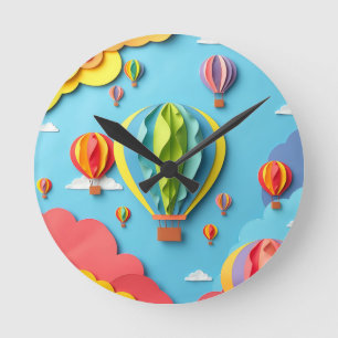 Colorful Hot Air Balloons Sky Pattern Round Clock