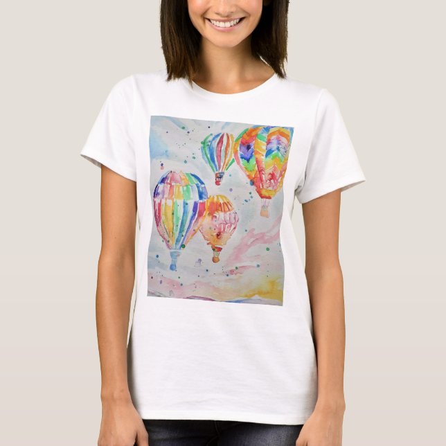 Colorful Hot Air Balloons Watercolour Painting T-Shirt (Front)