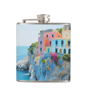 Colorful houses on a cliff near the sea hip flask
