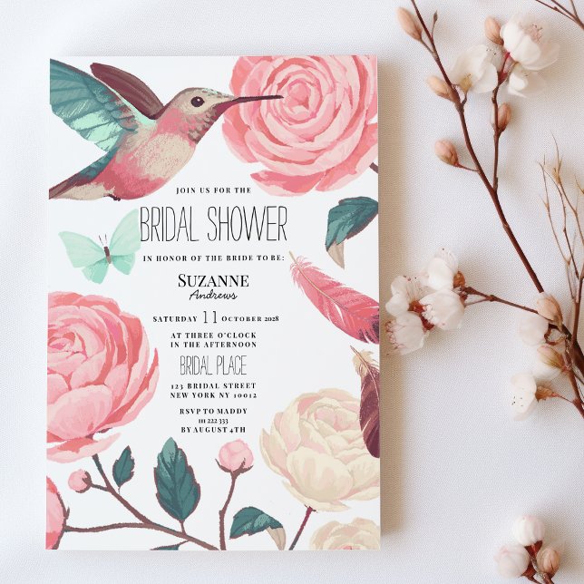 Colorful Hummingbird Floral Spring Bridal Shower Invitation (Colorful Hummingbird Floral Spring Bridal Shower)
