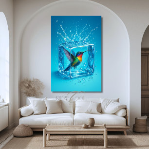 Colorful Hummingbird Inside Ice Cube Neon Blue  Poster
