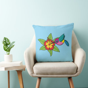 Colorful Hummingbird on Hibiscus Tropical Flower Cushion