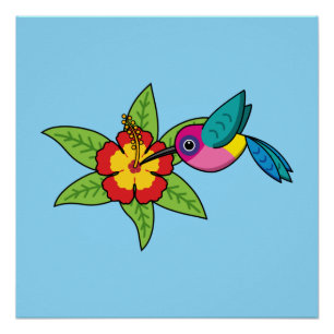 Colorful Hummingbird on Hibiscus Tropical Flower Poster