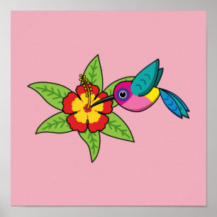 Colorful Hummingbird on Hibiscus Tropical Flower Poster