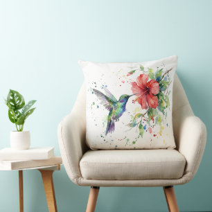 Colorful Hummingbird Watercolor Floral Nature Art Cushion