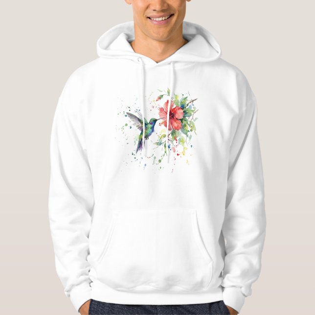 Colorful Hummingbird Watercolor Floral Nature Art Hoodie (Front)