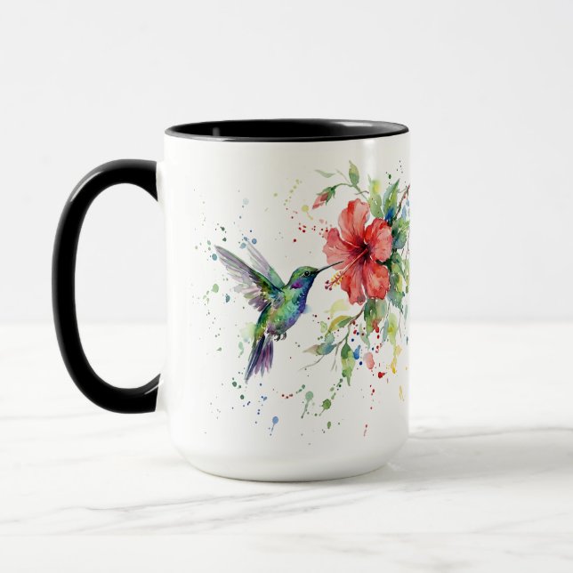 Colorful Hummingbird Watercolor Floral Nature Art Mug (Left)