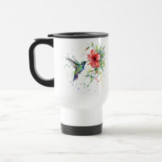 Colorful Hummingbird Watercolor Floral Nature Art Travel Mug