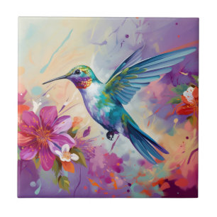 Colorful Hummingbird with Flowers Tile