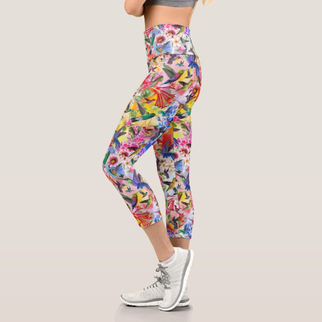 Colorful Hummingbirds and Flowers Capri Leggings (Left)