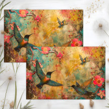 COLORFUL HUMMINGBIRDS MIXED MEDIA DECOUPAGE
