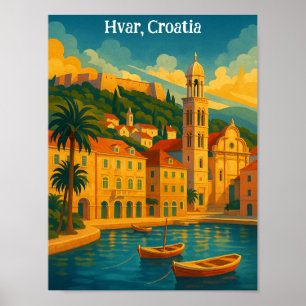 Colorful Hvar Croatia Vintage Travel Art Poster