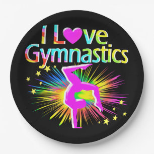 COLORFUL I LOVE GYMNASTICS PAPER PLATES