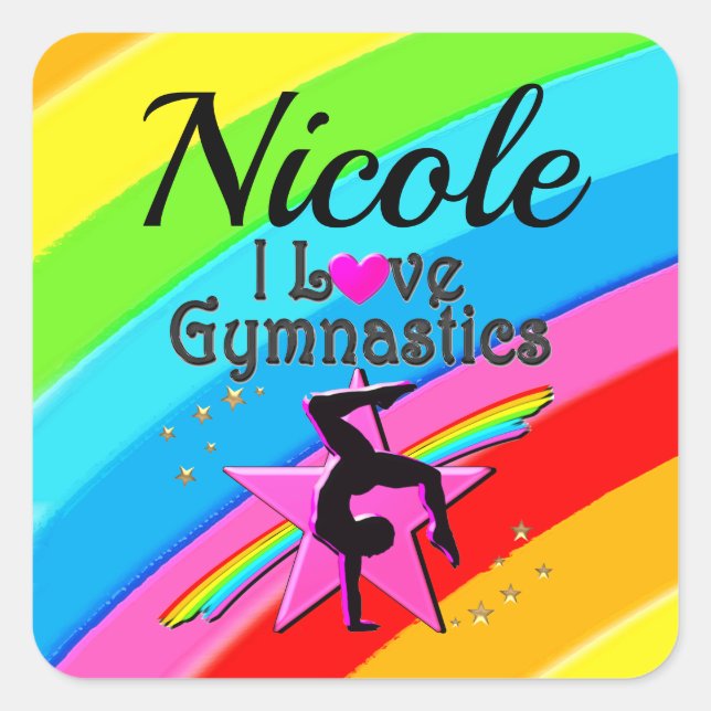 COLORFUL I LOVE GYMNASTICS PERSONALIZED DESIGN SQUARE STICKER (Front)