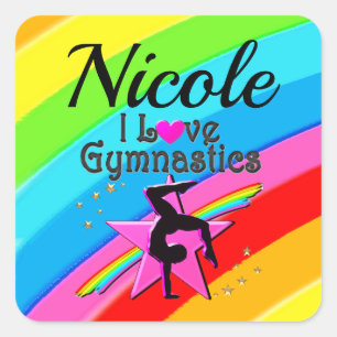 COLORFUL I LOVE GYMNASTICS PERSONALIZED DESIGN SQUARE STICKER