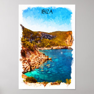 Colorful Ibiza Spain Watercolor Landscape Poster