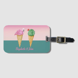 Colorful Ice Cream Cones Cactus Pink Flamingos Luggage Tag