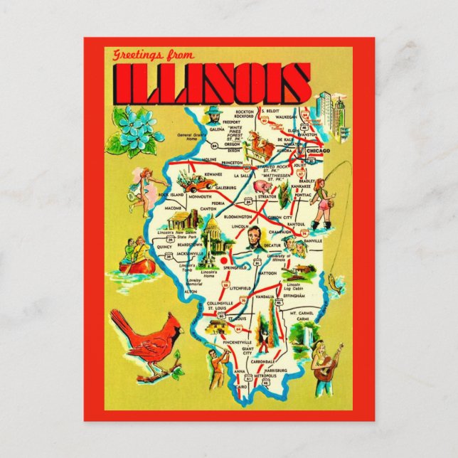 Colorful Illustrated  Illinois Map Postcard (Front)