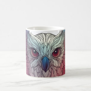 colorful illustration of an owl's face, coffee mug