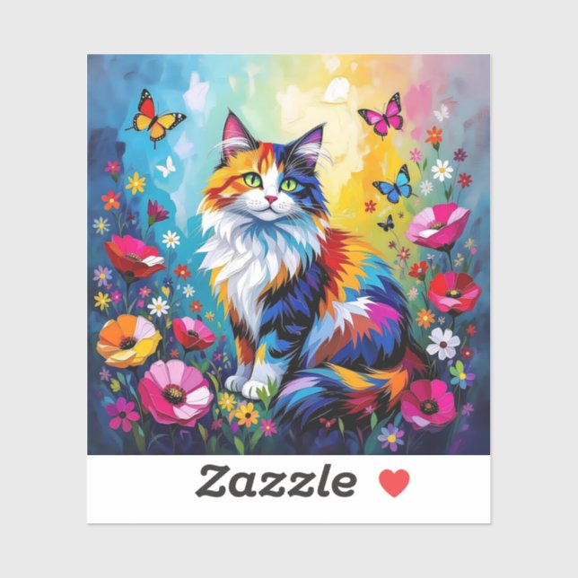 Colorful Impasto Cat, Flowers and Butterflies (Sheet)