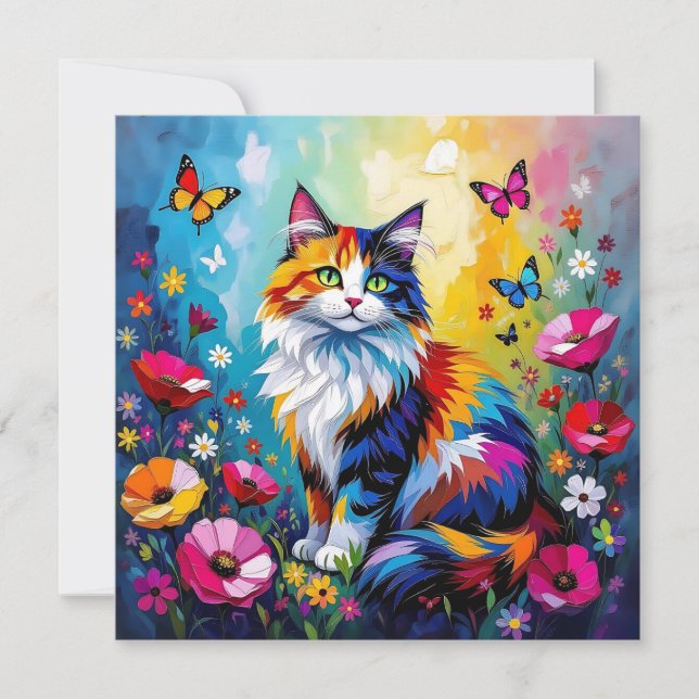 Colorful Impasto Cat, Flowers and Butterflies Card (Front)