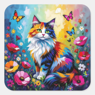 Colorful Impasto Cat, Flowers and Butterflies Square Sticker