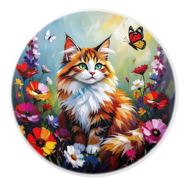 Colorful Impasto Folk Art Cat   Ceramic Knob (Front)