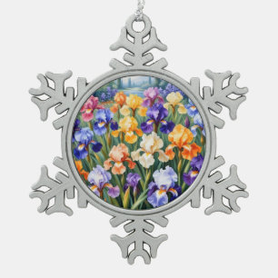 Colorful iris garden snowflake pewter christmas ornament