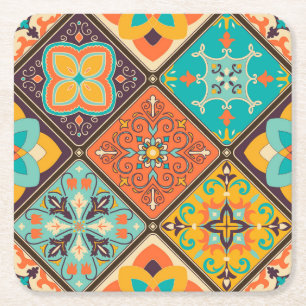 Colorful Islamic-inspired patchwork tile. Square Paper Coaster