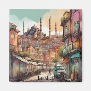 Colorful Istanbul Watercolor Painting Skyline Magnet