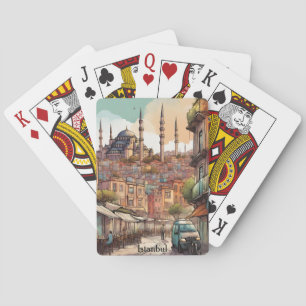 Colorful Istanbul Watercolor Painting Skyline Playing Cards
