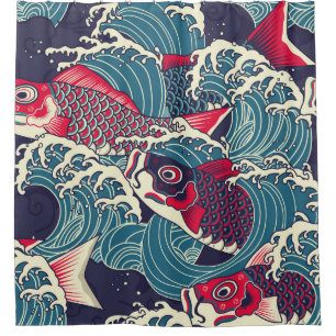 Colorful japanese Koi/carp fish in the wave seamle Shower Curtain