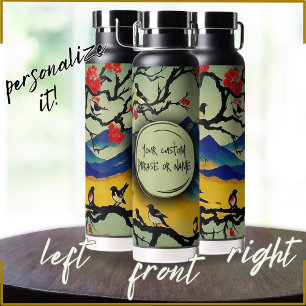 Colorful Japanese Watercolor Nature Scene Birds Water Bottle