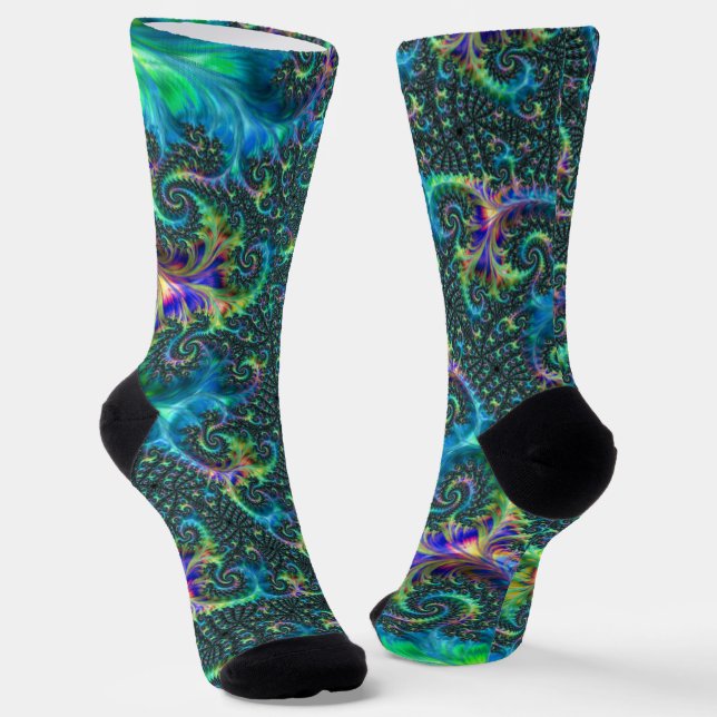 Colorful Jewel Tone Fractal Spiral Abstract Art Socks (Angled)