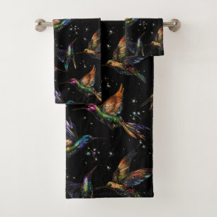 Colorful Jeweled Hummingbirds on Black Bath Towel Set