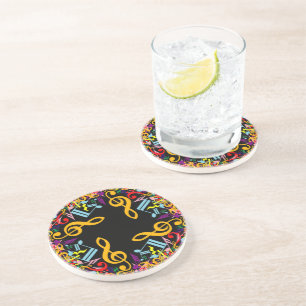 Colorful Jumbled Music Notes on Black Coaster