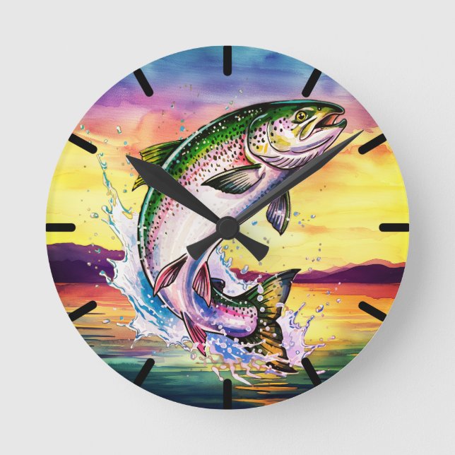 Colorful Jumping Rainbow Trout Clock (Front)