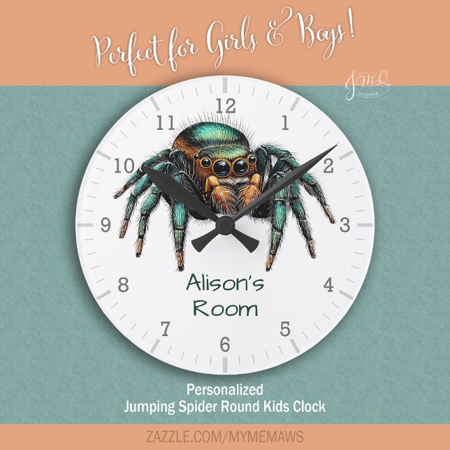 Colorful Jumping Spider Kid's Room  Round Clock (Colorful Jumping Spider Kid's Room Round Clock)