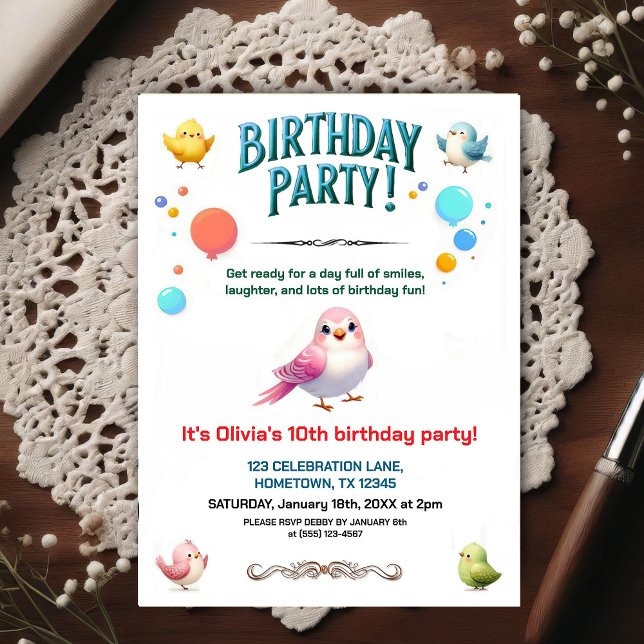 Colorful Kids Feathered Friends Birthday Party Postcard (Creator Uploaded)