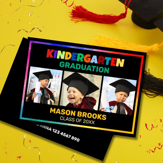   COLORFUL KINDERGARTEN GRADUATE PHOTO COLLAGE  INVITATION (Bright Kindergarten Graduation Invitation with a rainbow border and three photo slots.Personalize it)