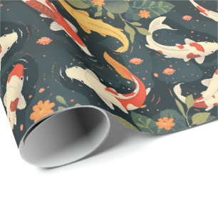 Colorful Koi and Lily Pads on Charcoal Blue Gift Wrapping Paper