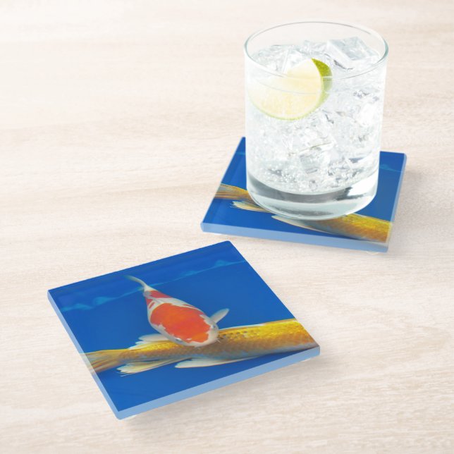 Colorful Koi in Blue Pool Glass Coaster (Angled)