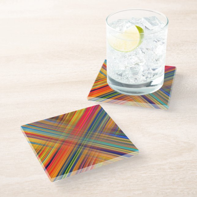 Colorful Kriss Kross Pattern Plaid Glass Coaster (Angled)